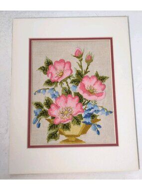 Vintage Floral Crewel Embroidery Matted Unframed 11" x 14" Handmade Cottage